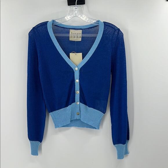 Jumper 1234 Women's Open Weave Colorblock Cardigan - Blue/Wedgewood - 1 - NWT - Picture 1 of 5